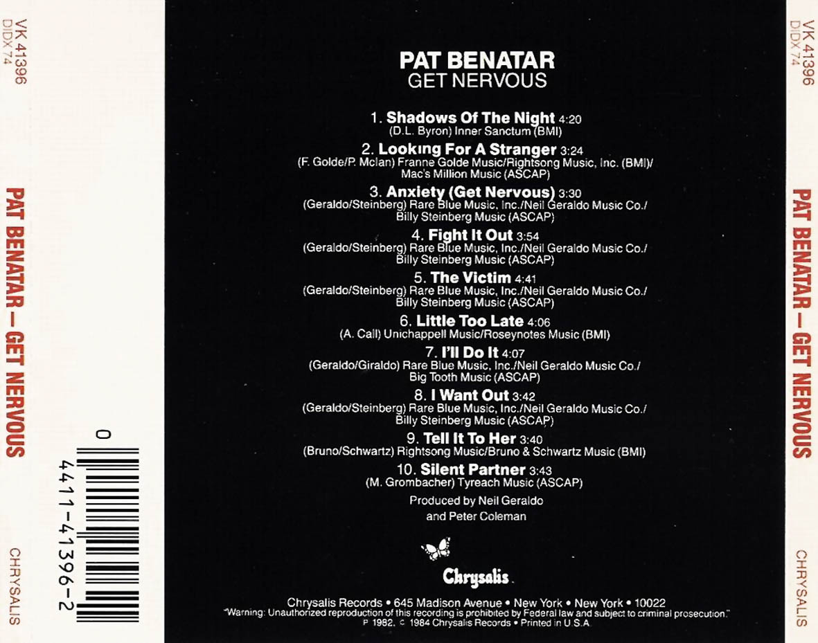 Cartula Trasera de Pat Benatar - Get Nervous