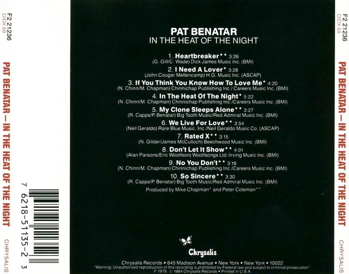 Cartula Trasera de Pat Benatar - In The Heat Of The Night