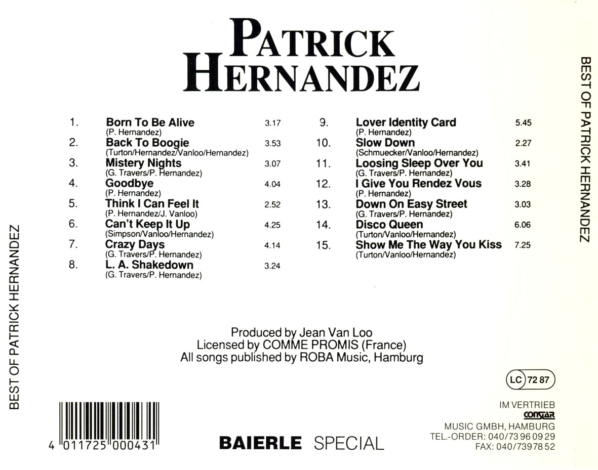 Cartula Trasera de Patrick Hernandez - Born To Be Alive: Best Of Patrick Hernandez