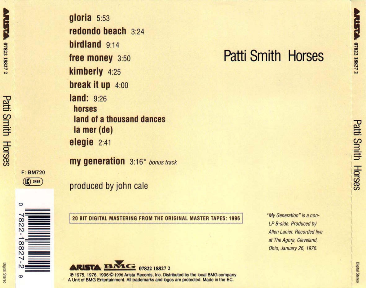 Cartula Trasera de Patti Smith - Horses (1996)