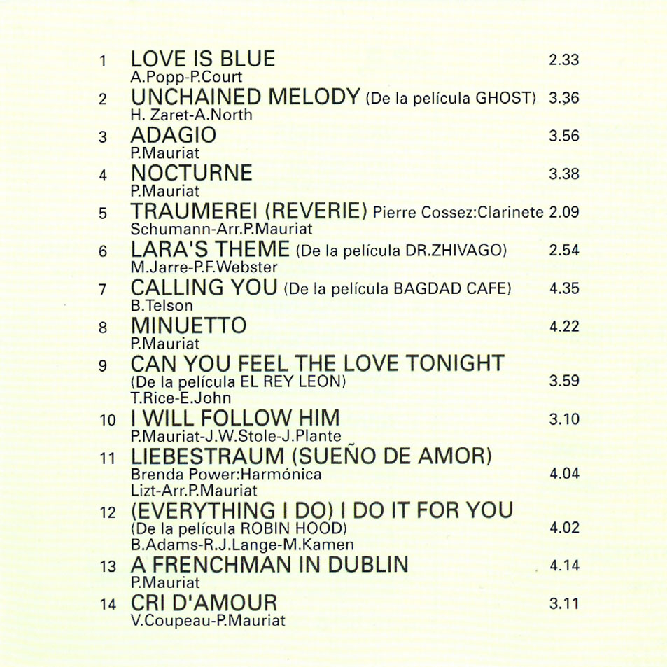 Cartula Interior Frontal de Paul Mauriat - Canciones De Amor, Volumen 1