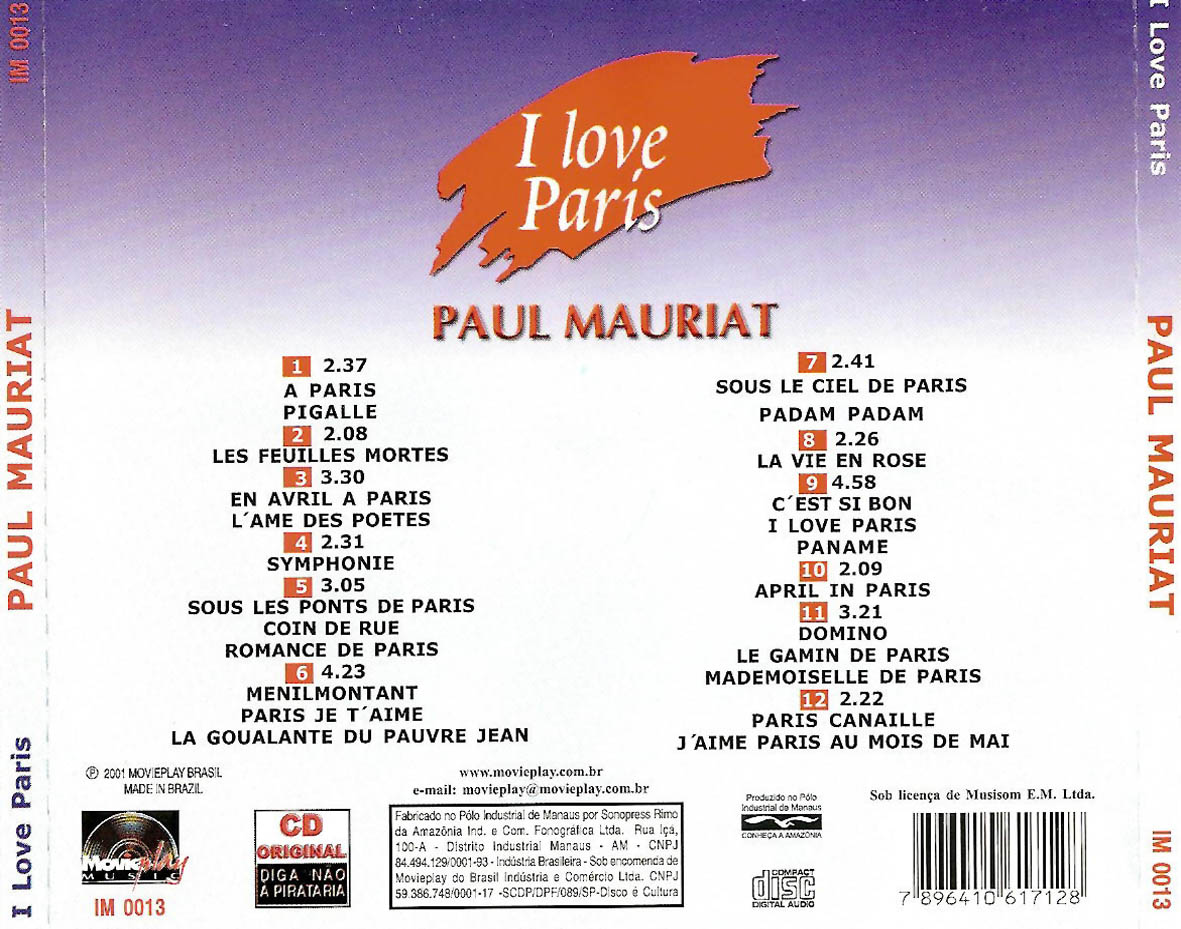 Cartula Trasera de Paul Mauriat - I Love Paris