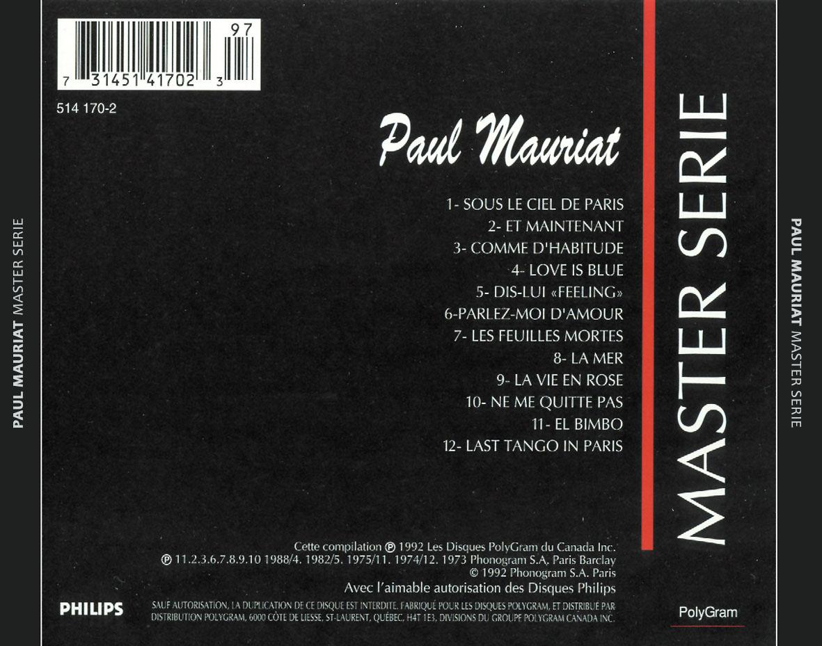 Cartula Trasera de Paul Mauriat - Master Serie