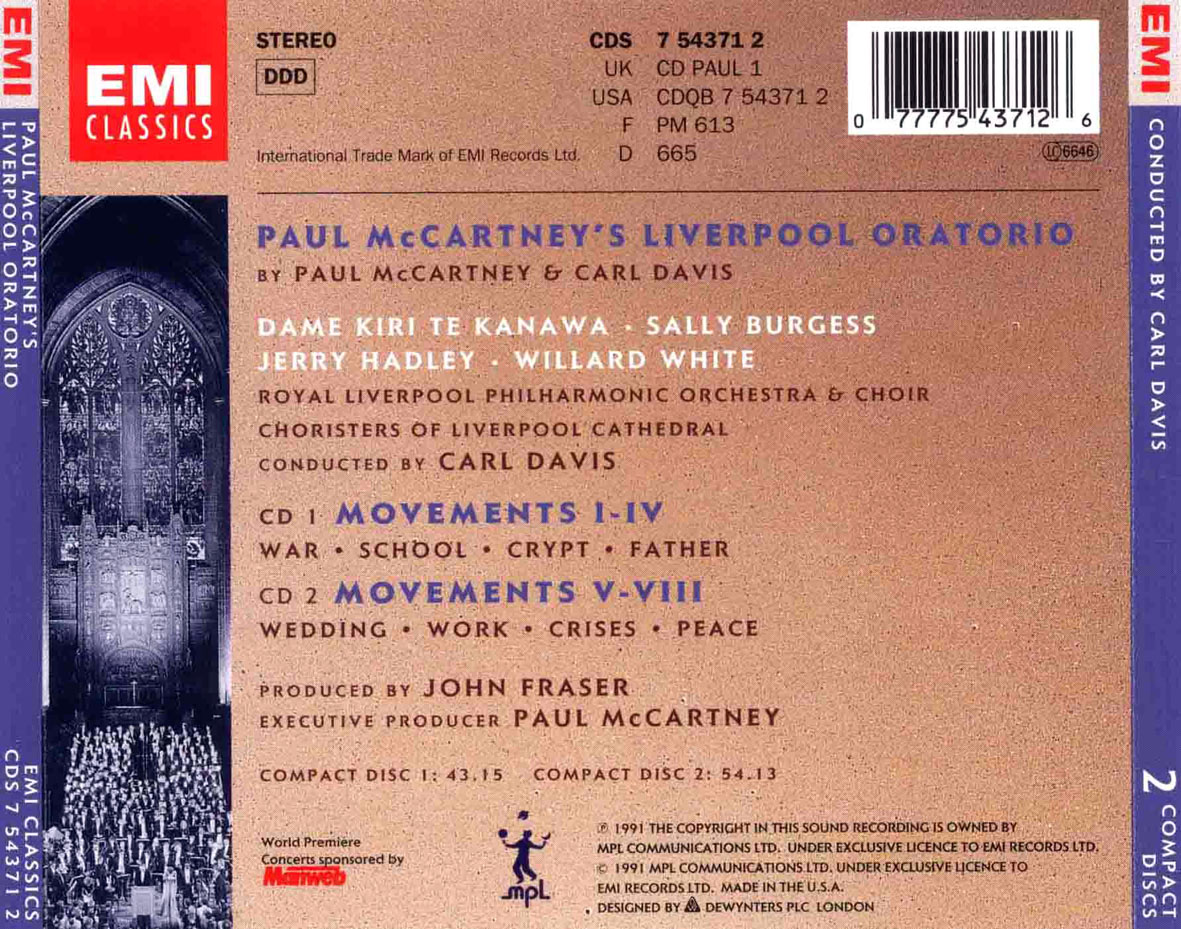Cartula Trasera de Paul Mccartney - Liverpool Oratorio