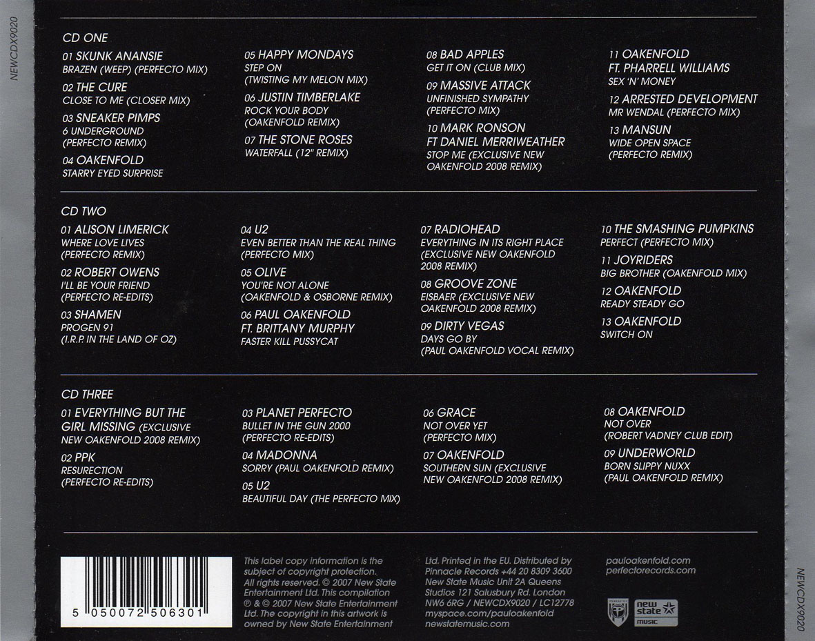 Cartula Trasera de Paul Oakenfold - Greatest Hits & Remixes