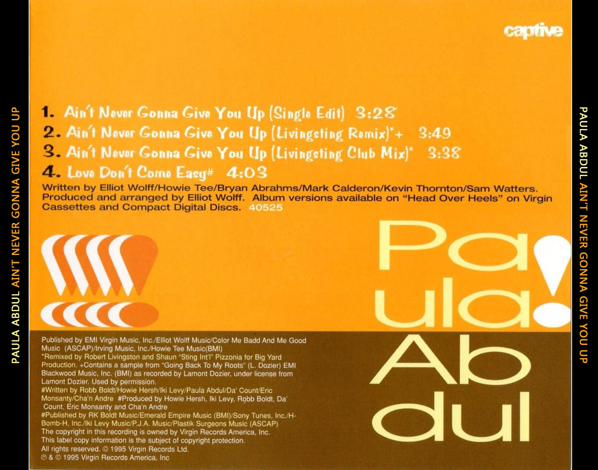Cartula Trasera de Paula Abdul - Ain't Never Gonna Give You Up (Cd Single)