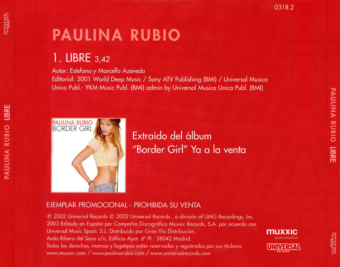 Cartula Trasera de Paulina Rubio - Libre (Cd Single)