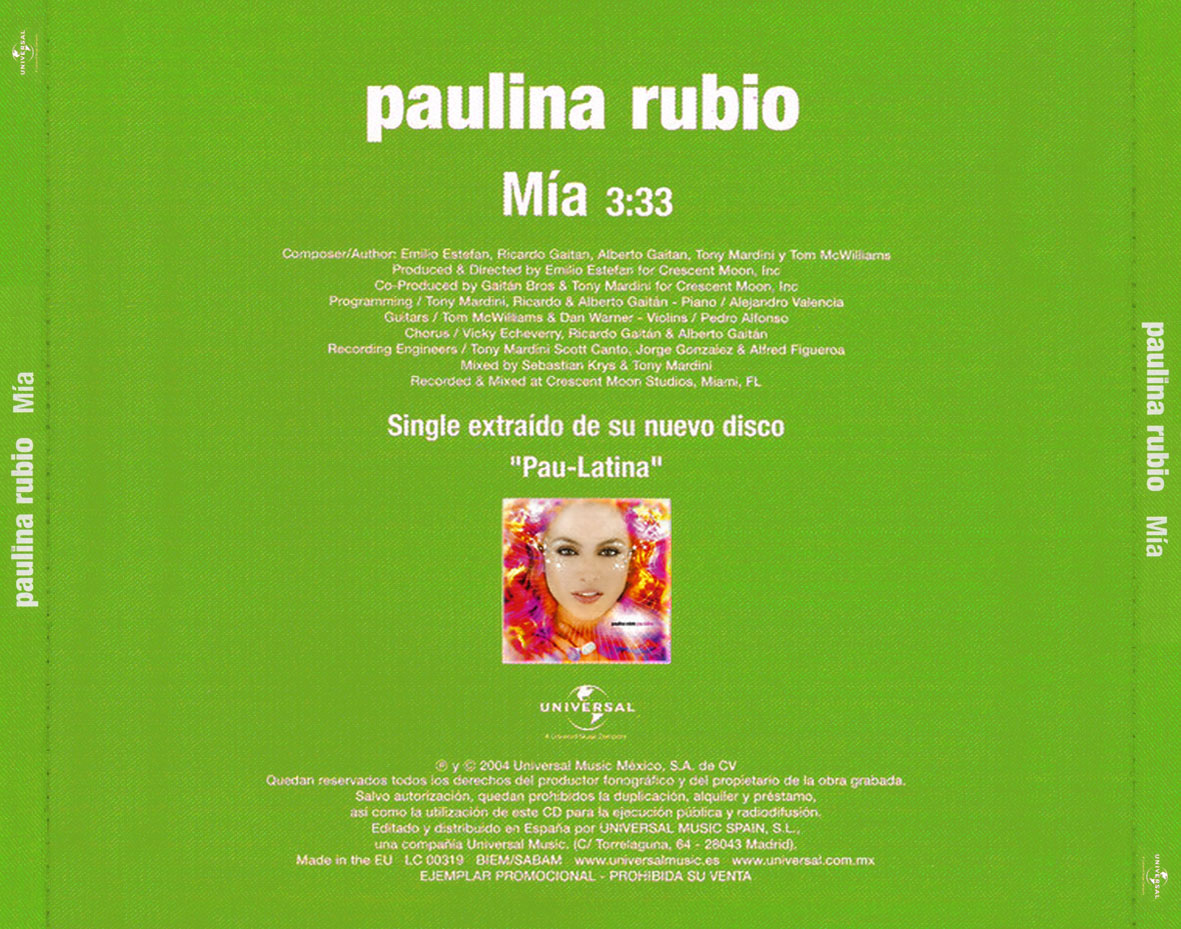 Cartula Trasera de Paulina Rubio - Mia (Cd Single)