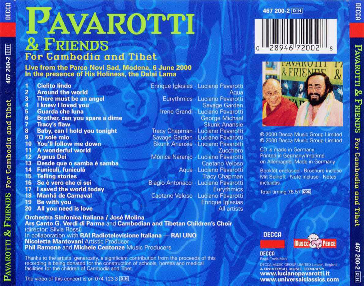 Cartula Trasera de Pavarotti & Friends - For Cambodia And Tibet