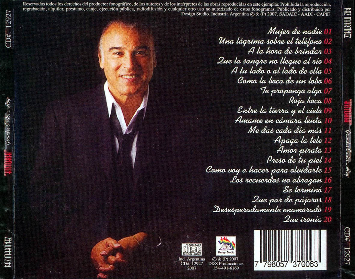 Cartula Trasera de Paz Martinez - Historia Grandes Exitos... Hoy