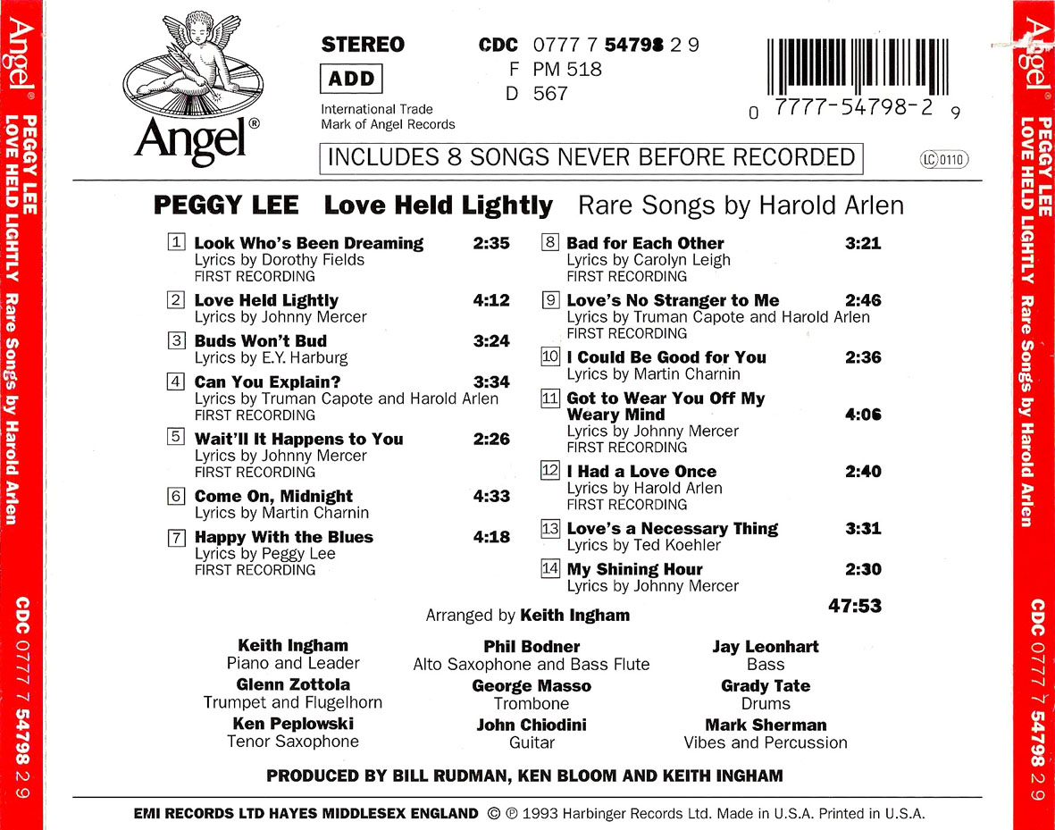 Cartula Trasera de Peggy Lee - Love Held Lightly: Rare Songs By Harold Arlen