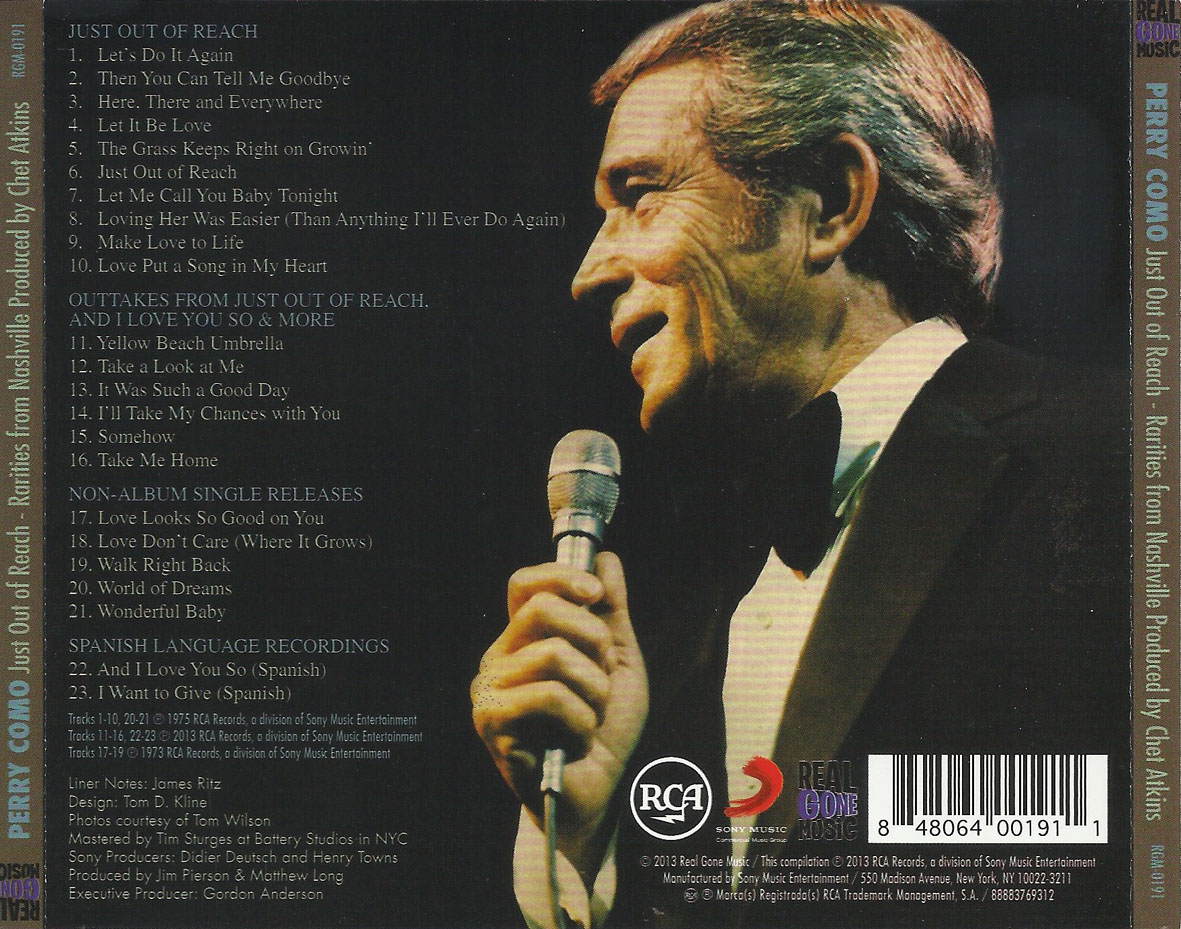 Cartula Trasera de Perry Como - Just Out Of Reach: Rarities From Nashville Produced By Chet Atkins