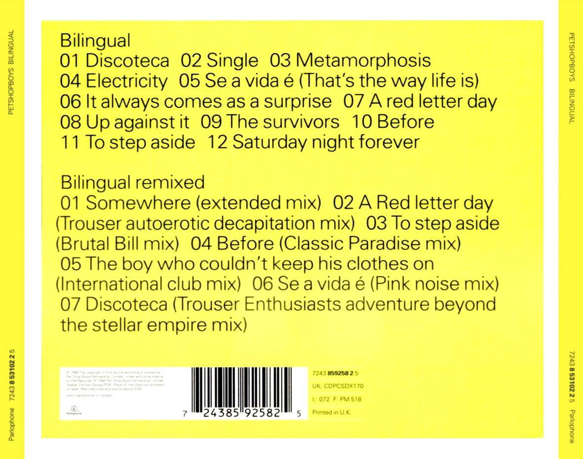 Cartula Trasera de Pet Shop Boys - Bilingual (Special Edition)