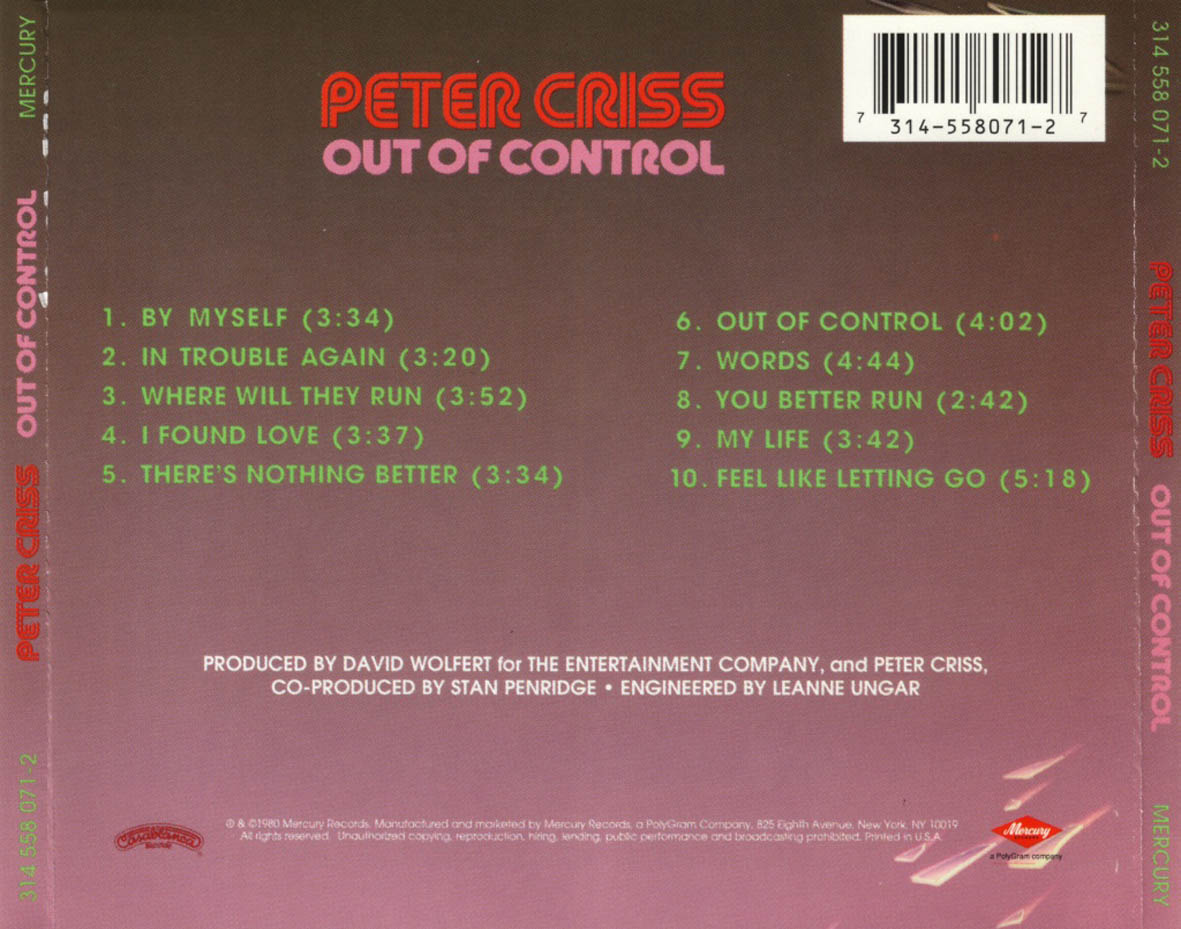 Cartula Trasera de Peter Criss - Out Of Control