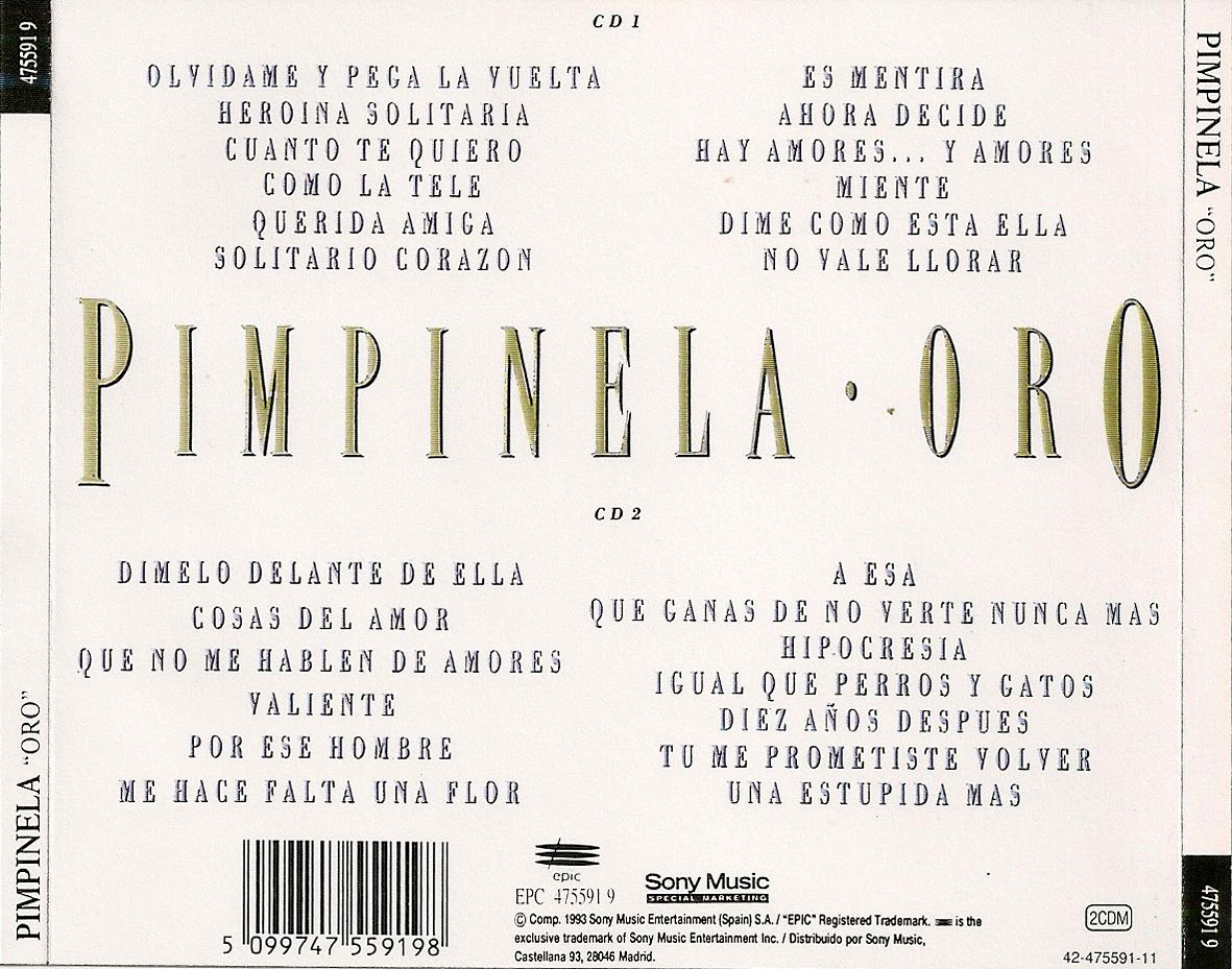 Cartula Trasera de Pimpinela - Oro: Las 25 Mejores Canciones