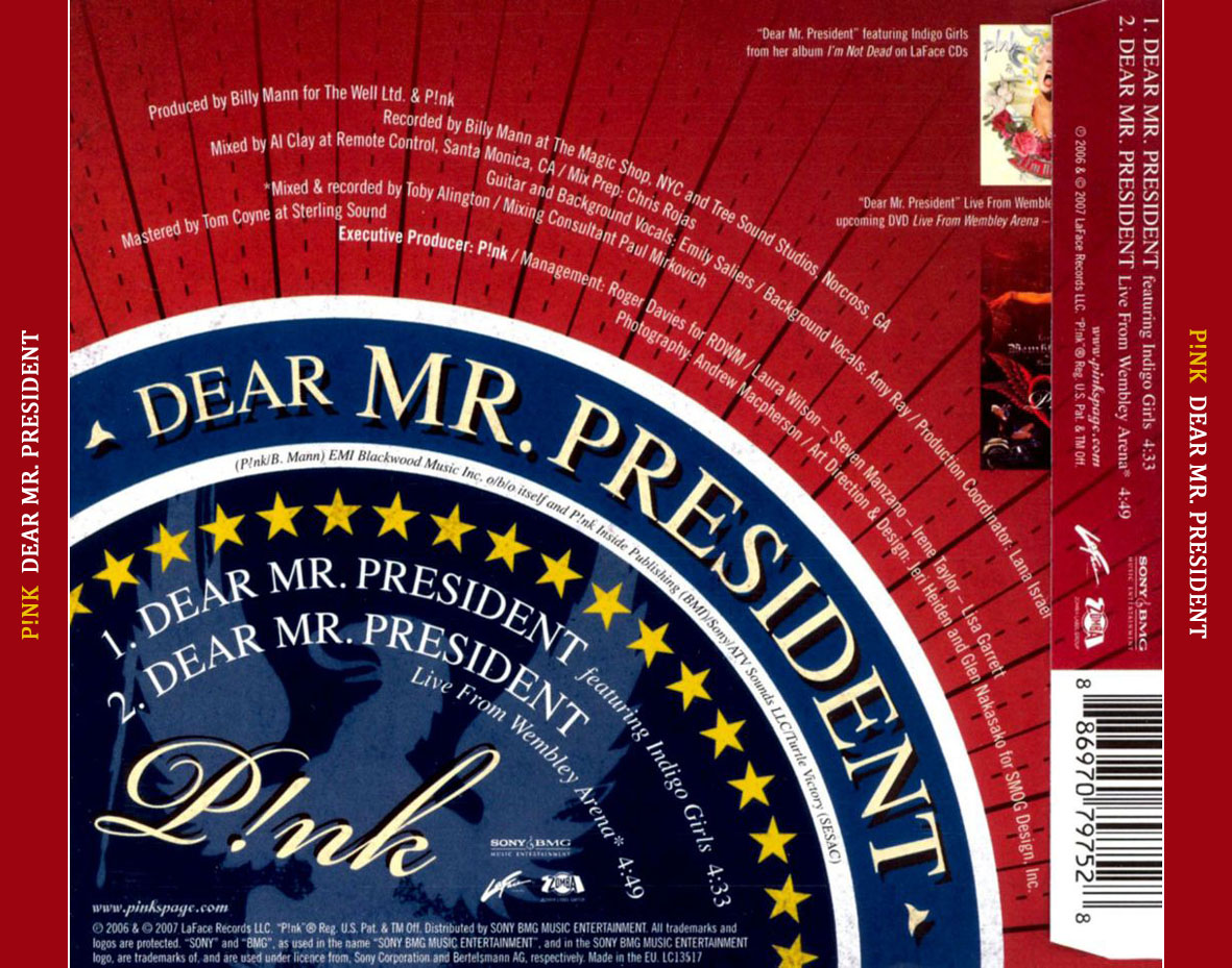 Cartula Trasera de Pink - Dear Mr. President (Cd Single)