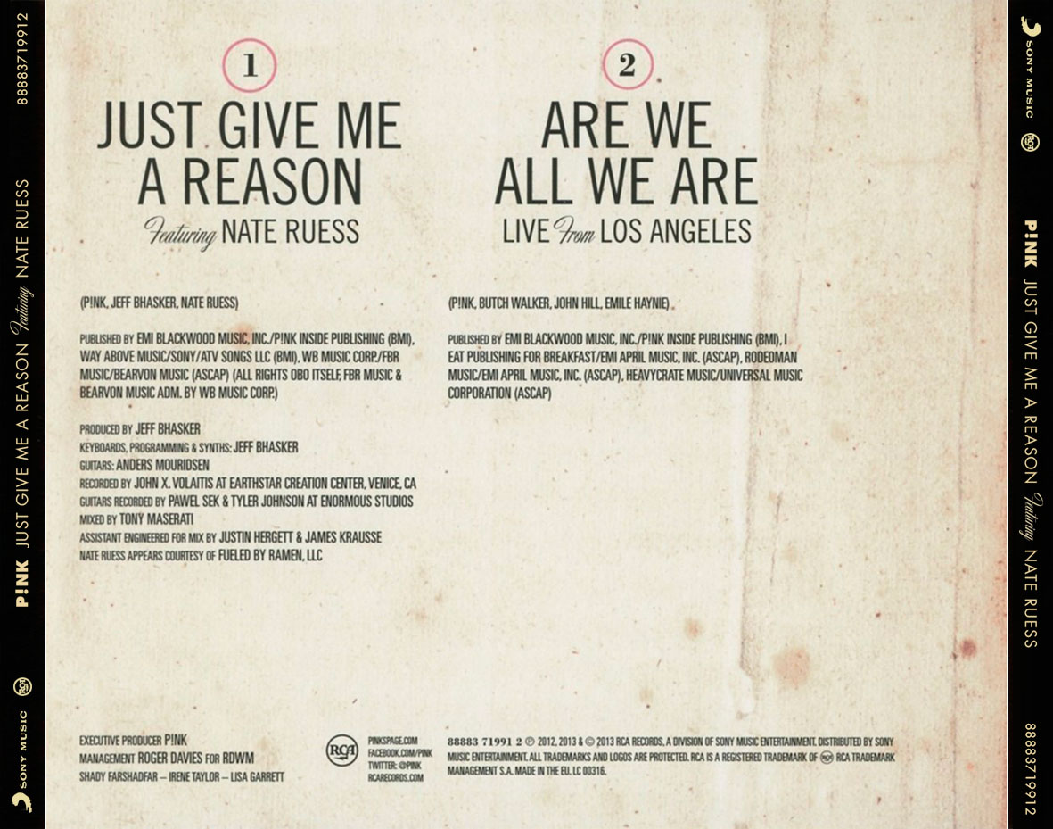 Cartula Trasera de Pink - Just Give Me A Reason (Featuring Nate Ruess) (Cd Single)