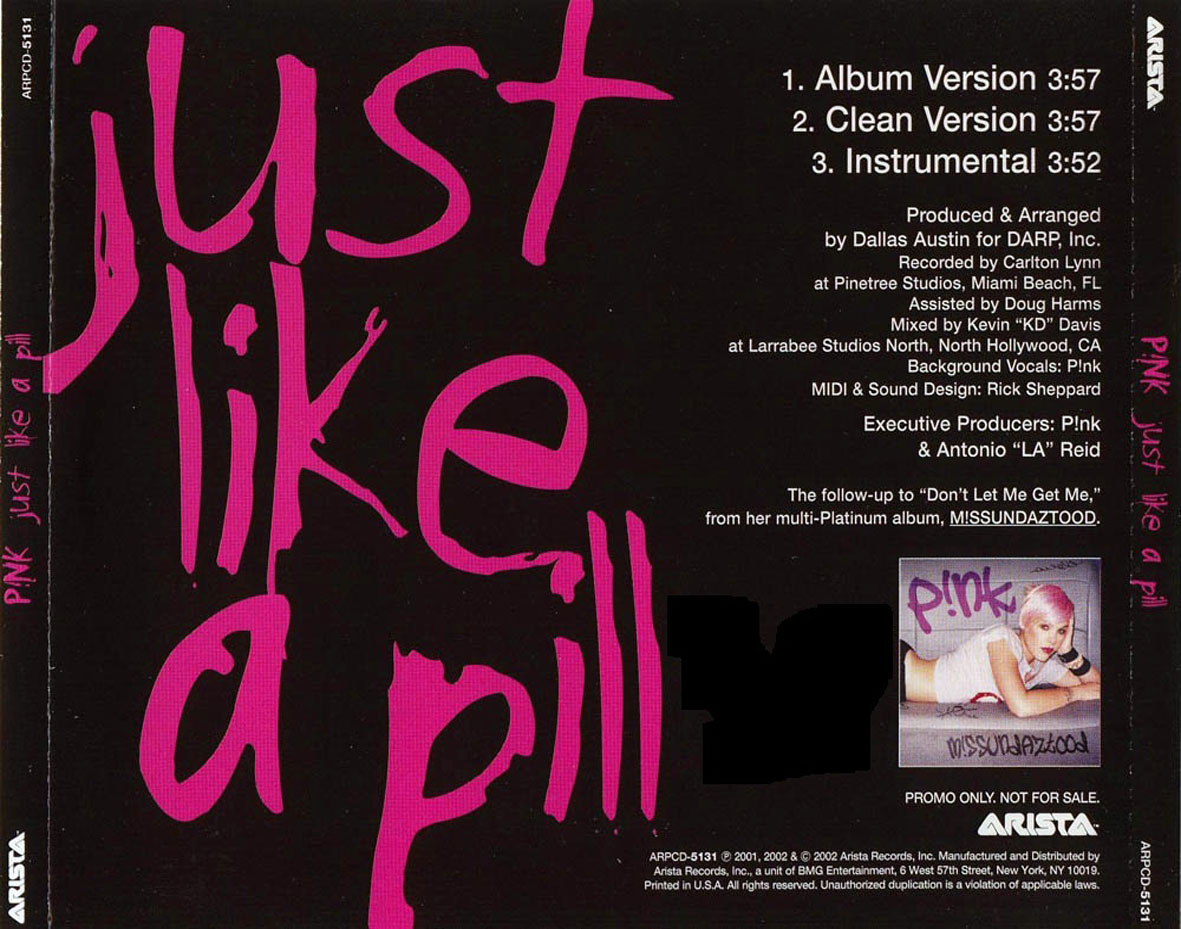Cartula Trasera de Pink - Just Like A Pill (Cd Single)