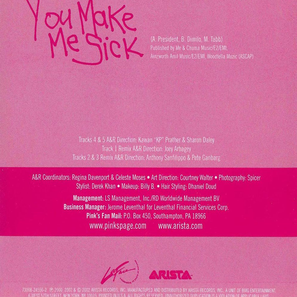 Cartula Interior Frontal de Pink - You Make Me Sick (Cd Single)
