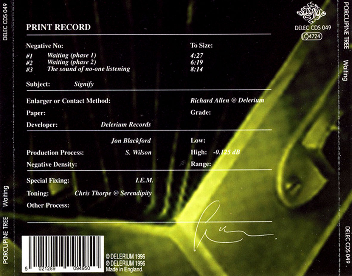 Cartula Trasera de Porcupine Tree - Waiting (Cd Single)