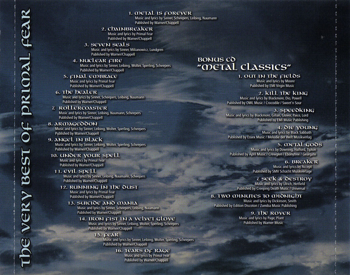Cartula Interior Trasera de Primal Fear - Metal Is Forever - The Very Best Of Primal Fear