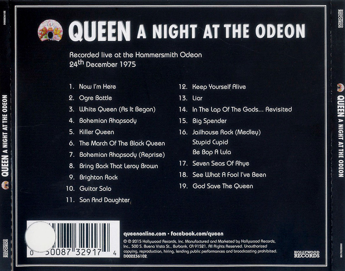 Cartula Trasera de Queen - A Night At The Odeon: Hammersmith 1975