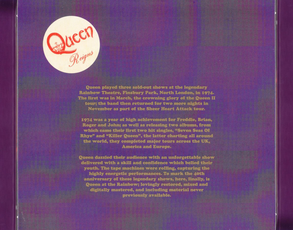 Cartula Interior Trasera de Queen - Live At The Rainbow '74