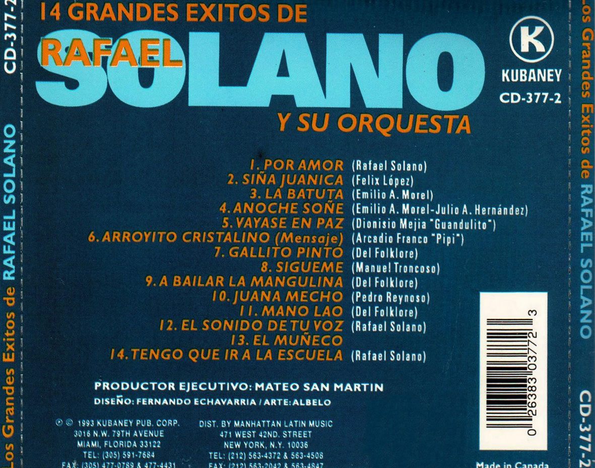 Cartula Trasera de Rafael Solano Y Su Orquesta - 14 Grandes Exitos De Rafael Solano