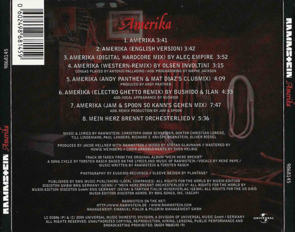Cartula Trasera de Rammstein - Amerika (Cd Single)