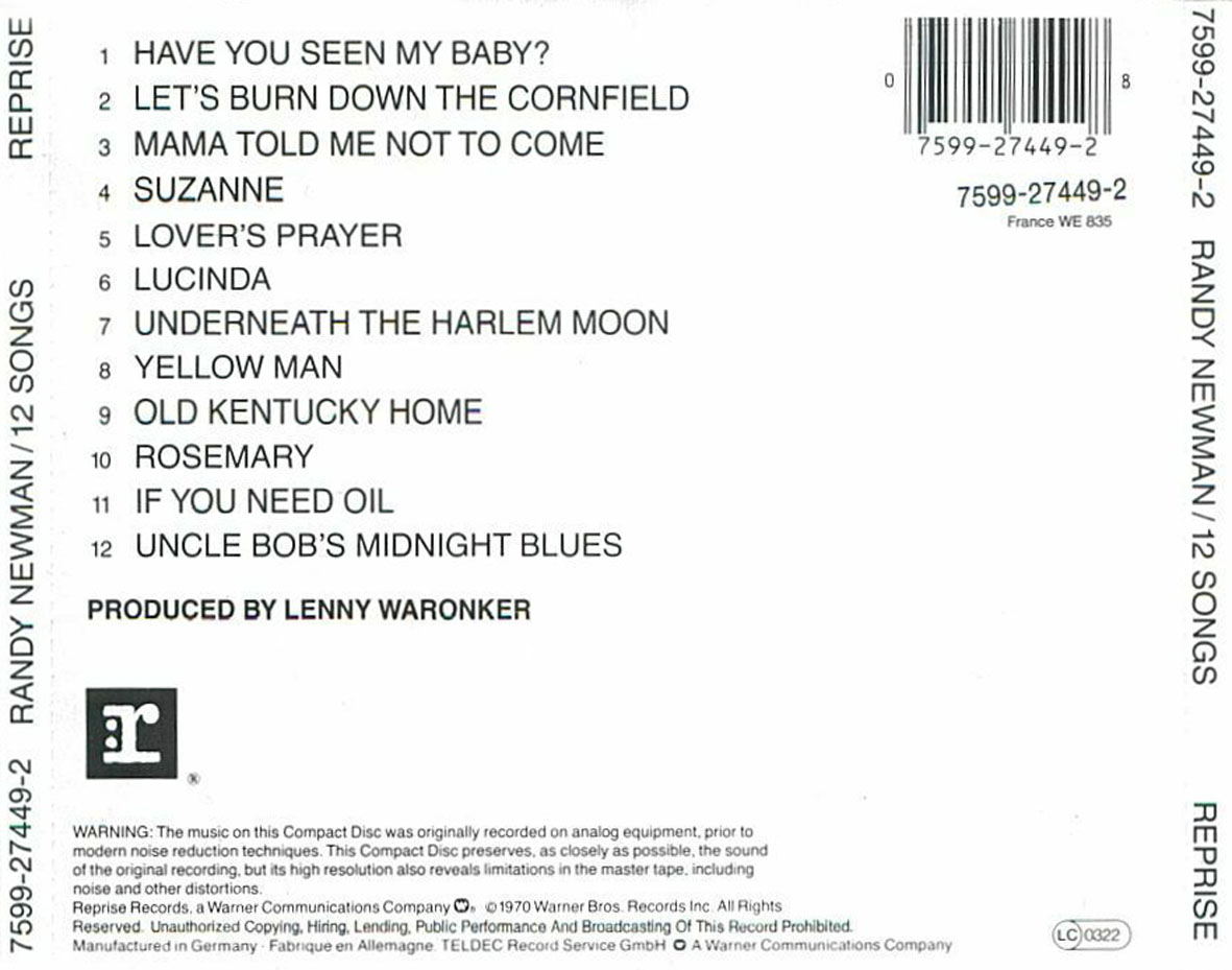 Cartula Trasera de Randy Newman - 12 Songs