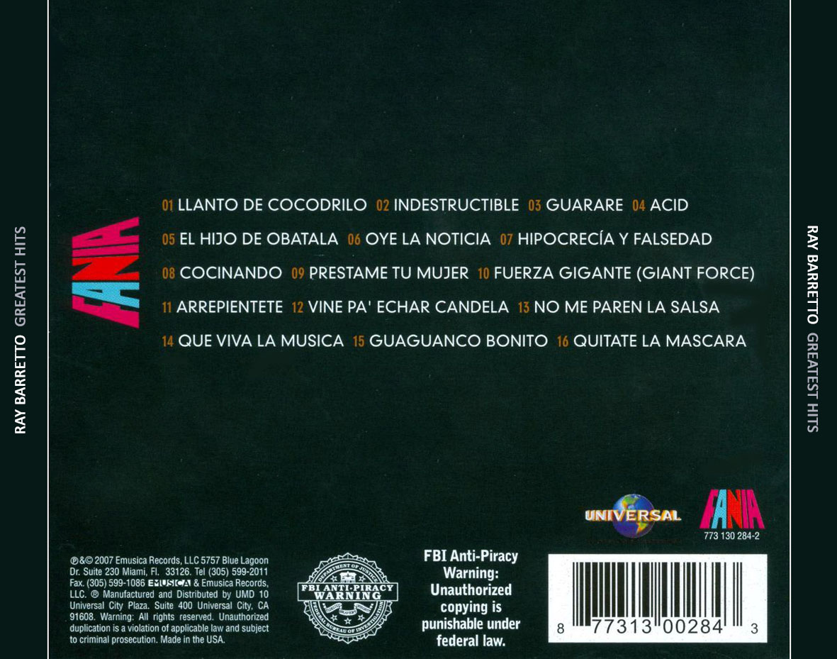 Cartula Trasera de Ray Barretto - Greatest Hits