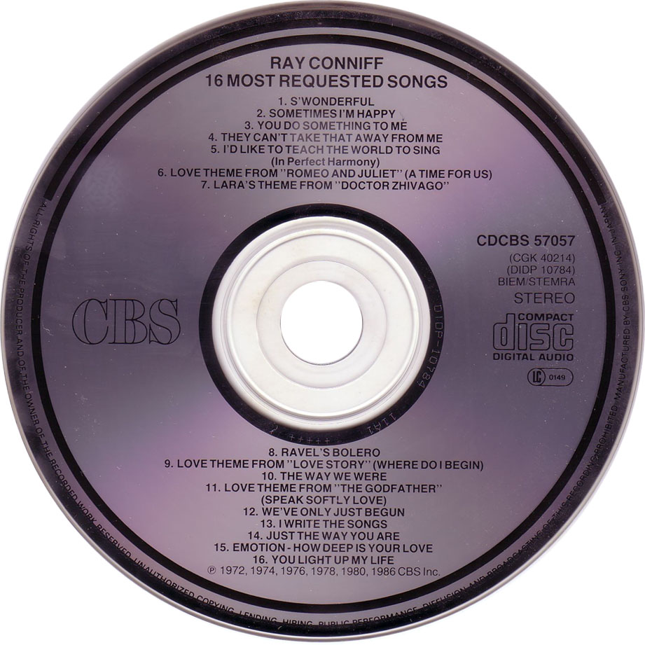 Cartula Cd de Ray Conniff - 16 Most Requested Songs