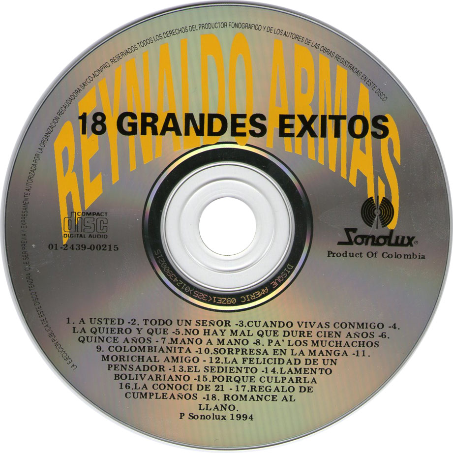 Cartula Cd de Reynaldo Armas - 18 Grandes Exitos