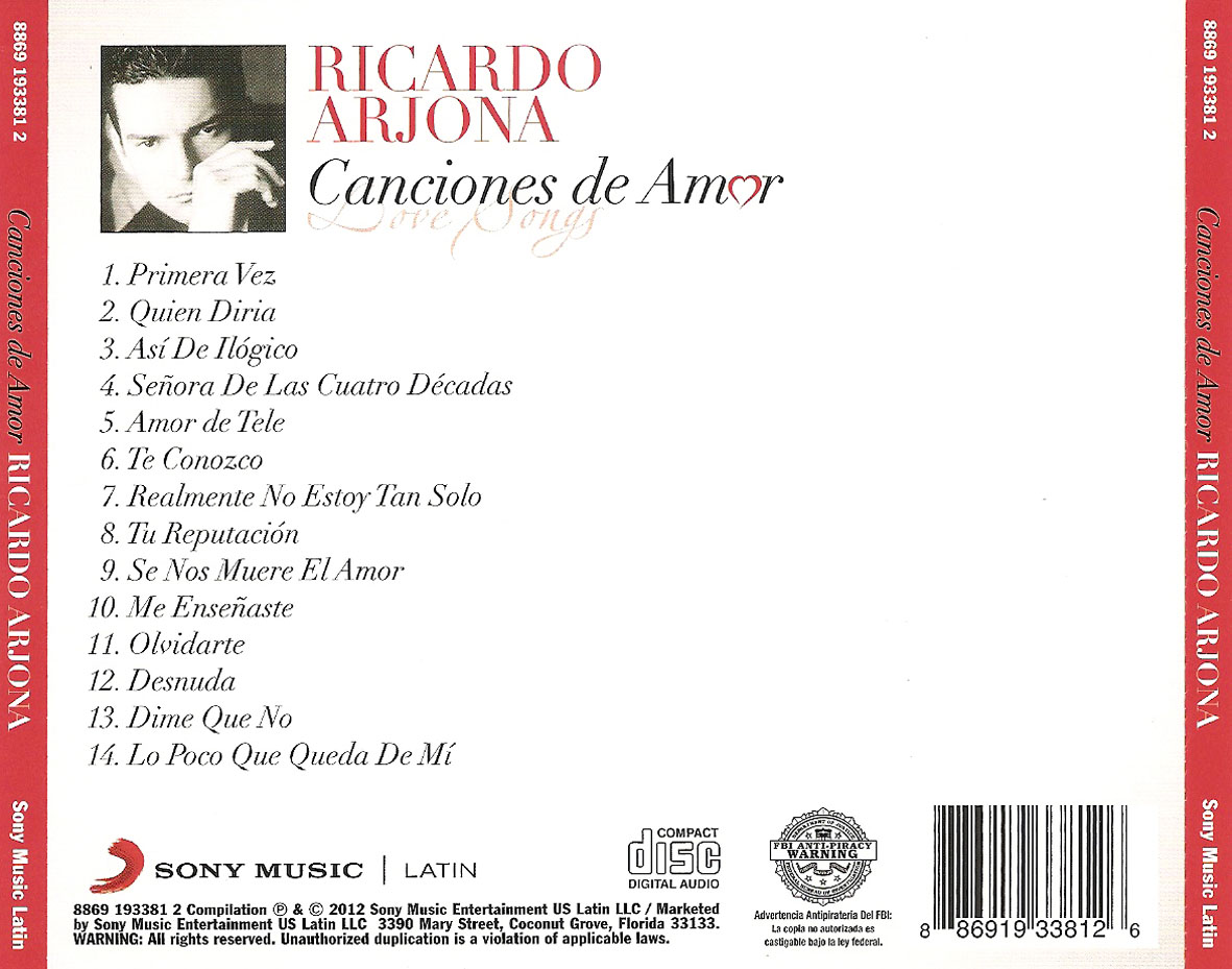 Cartula Trasera de Ricardo Arjona - Canciones De Amor