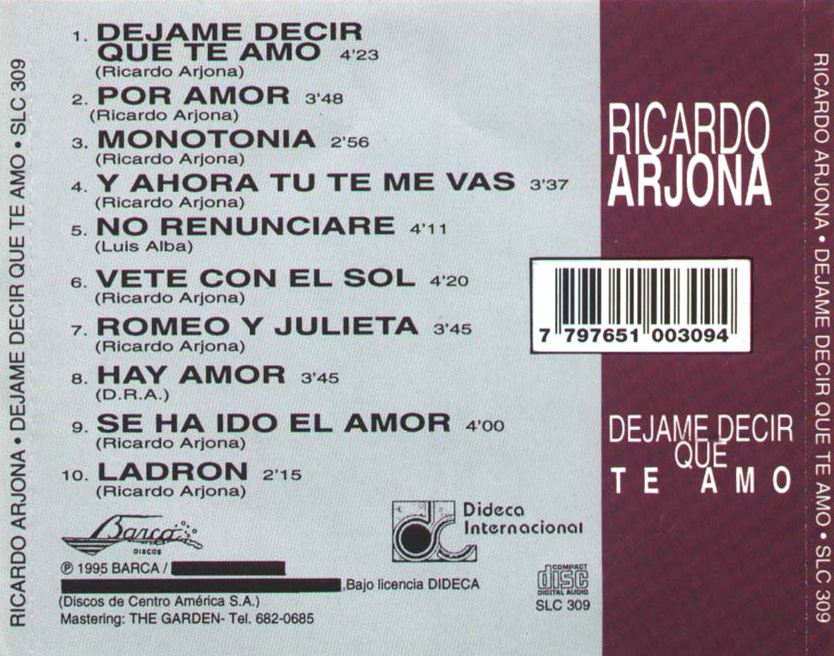 Cartula Trasera de Ricardo Arjona - Dejame Decir Que Te Amo
