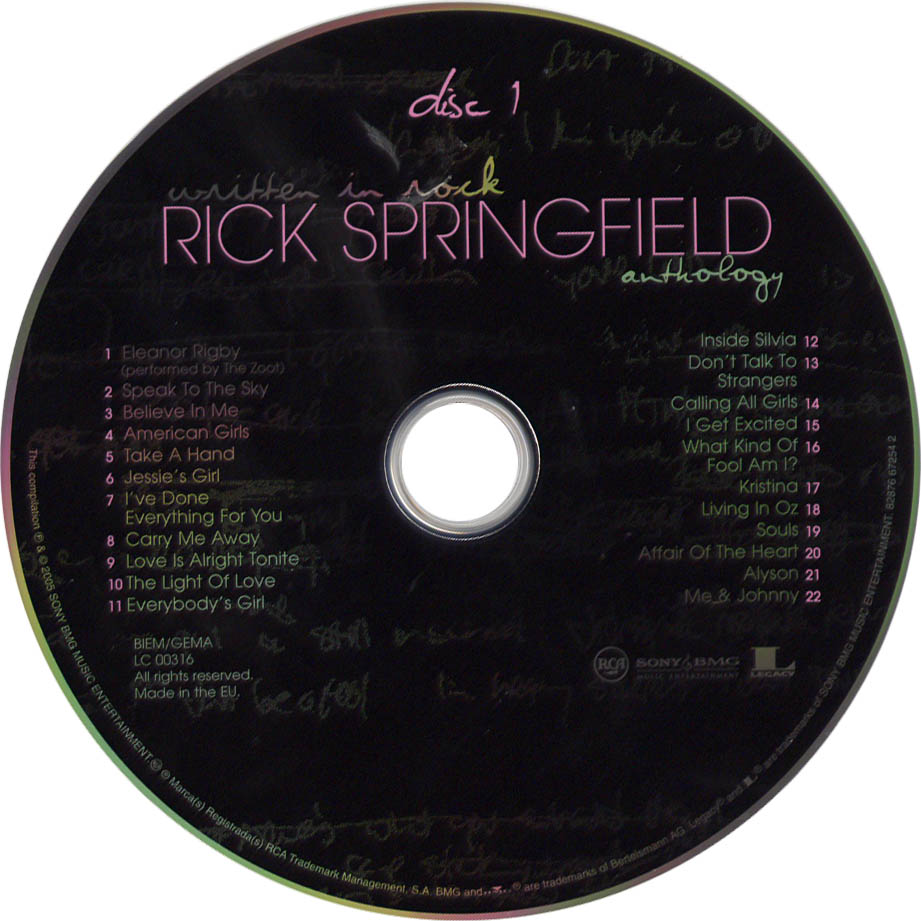 Cartula Cd1 de Rick Springfield - Written In Rock: Rick Springfield Anthology