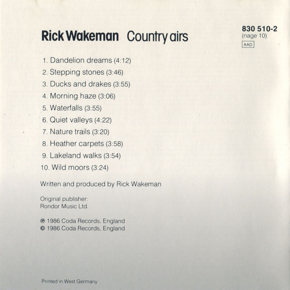 Cartula Interior Frontal de Rick Wakeman - Country Airs