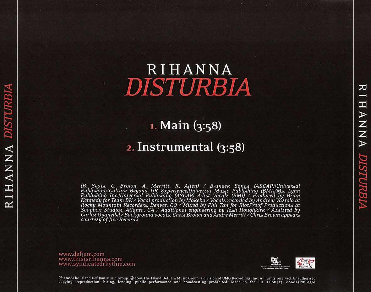 Cartula Trasera de Rihanna - Disturbia (Cd Single)