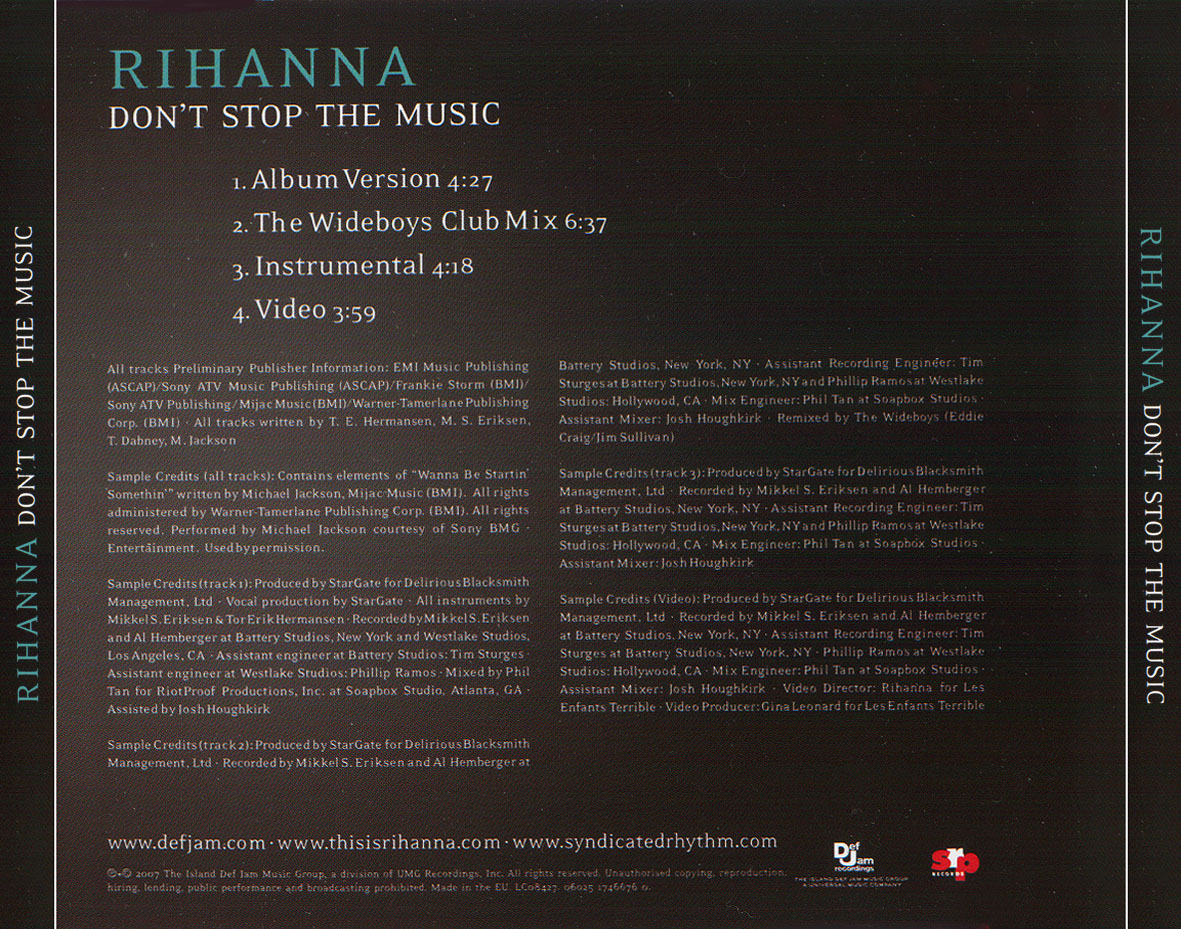 Cartula Trasera de Rihanna - Don't Stop The Music (Cd Single)
