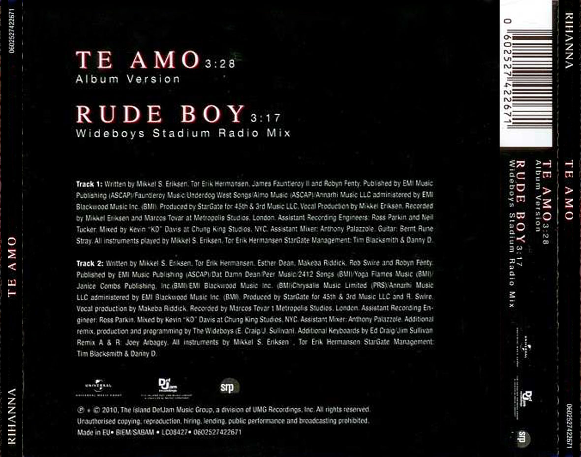 Cartula Trasera de Rihanna - Te Amo (Cd Single)