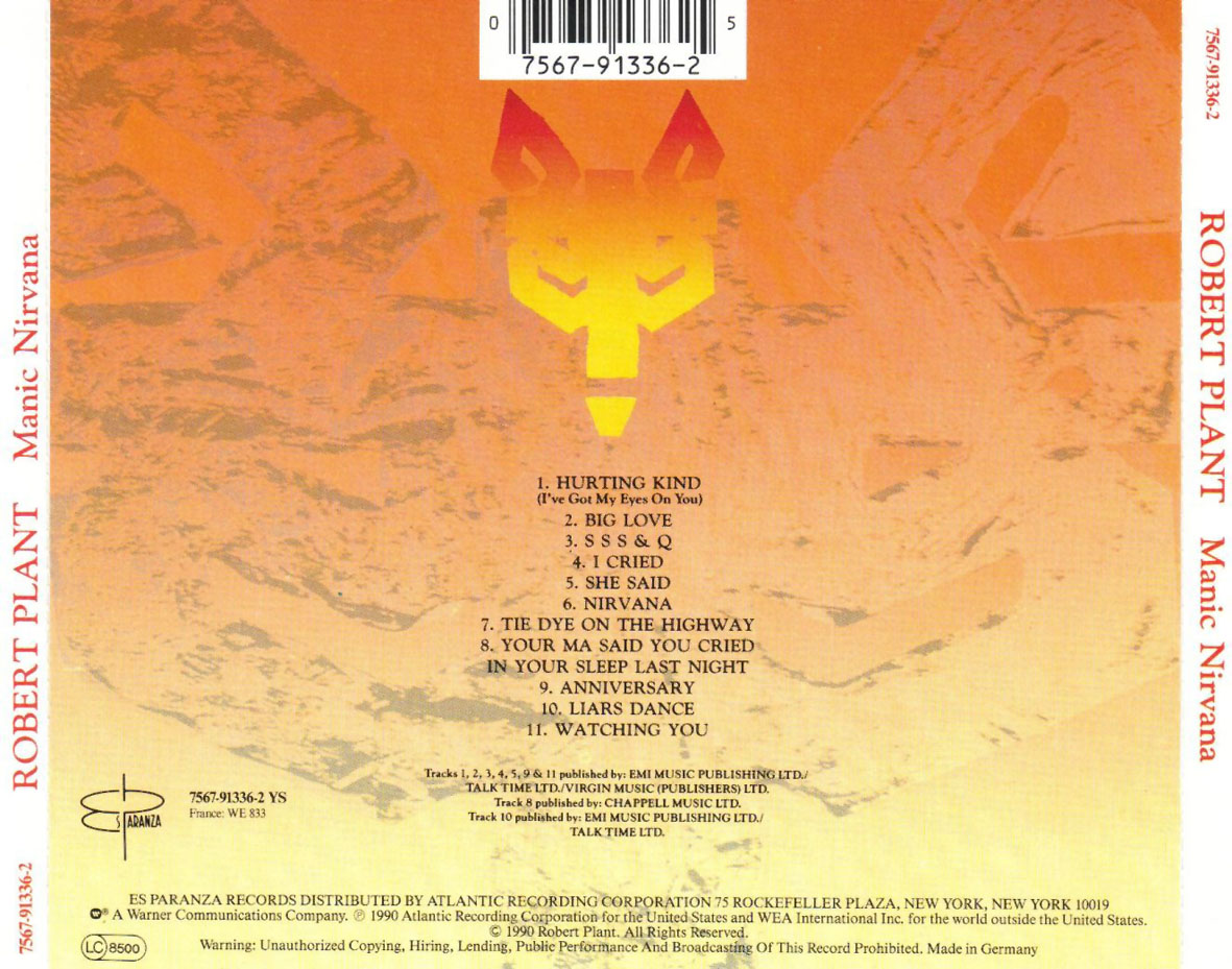 Cartula Trasera de Robert Plant - Manic Nirvana