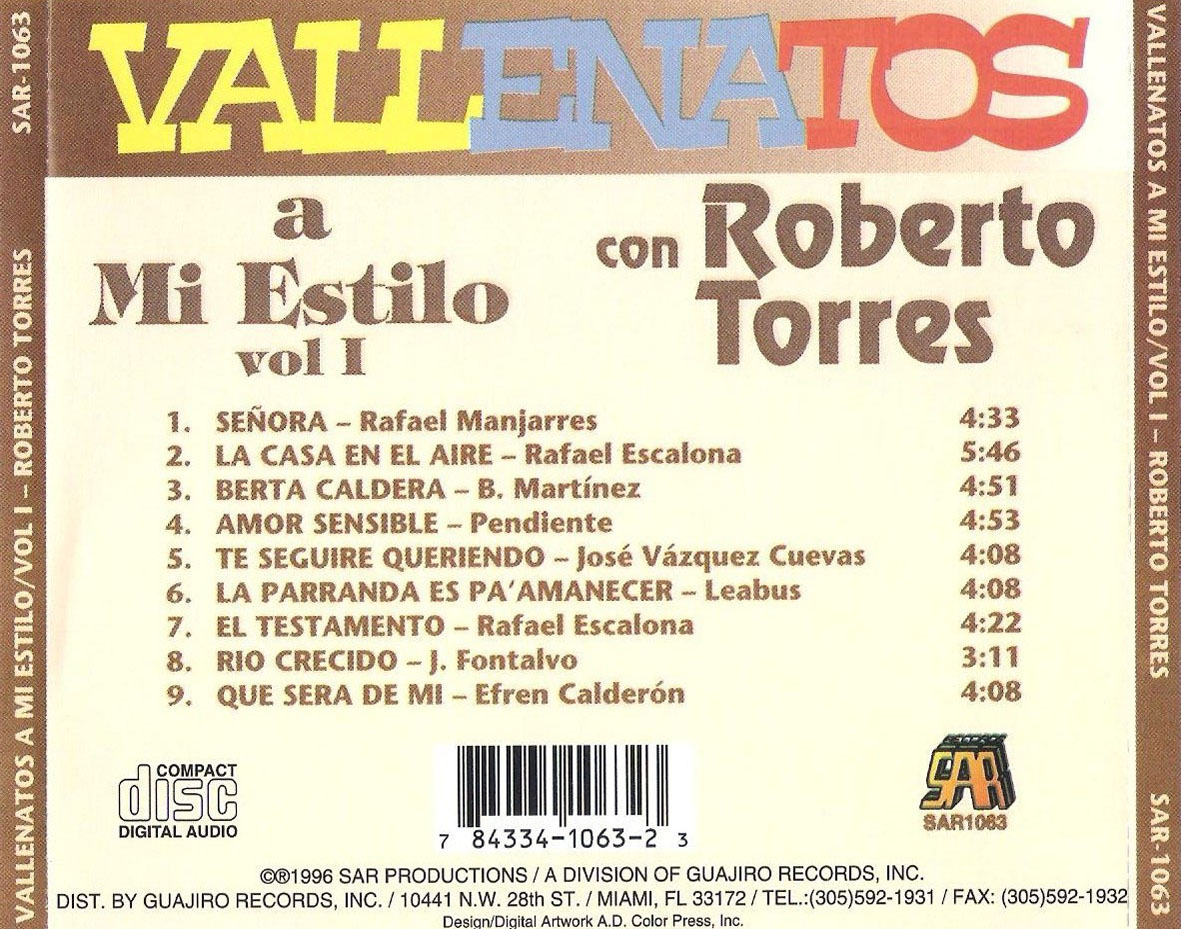 Cartula Trasera de Roberto Torres - Vallenatos A Mi Estilo Volumen 1