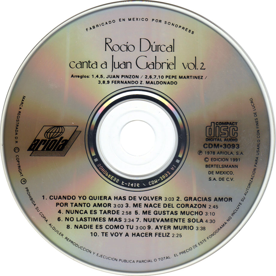Cartula Cd de Rocio Durcal - Canta A Juan Gabriel Volumen 2 (Edicion Mexico)