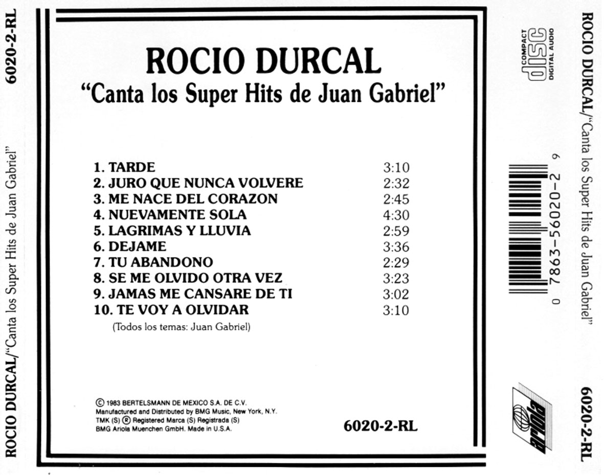 Cartula Trasera de Rocio Durcal - Canta Los Super Hits De Juan Gabriel Volumen 1