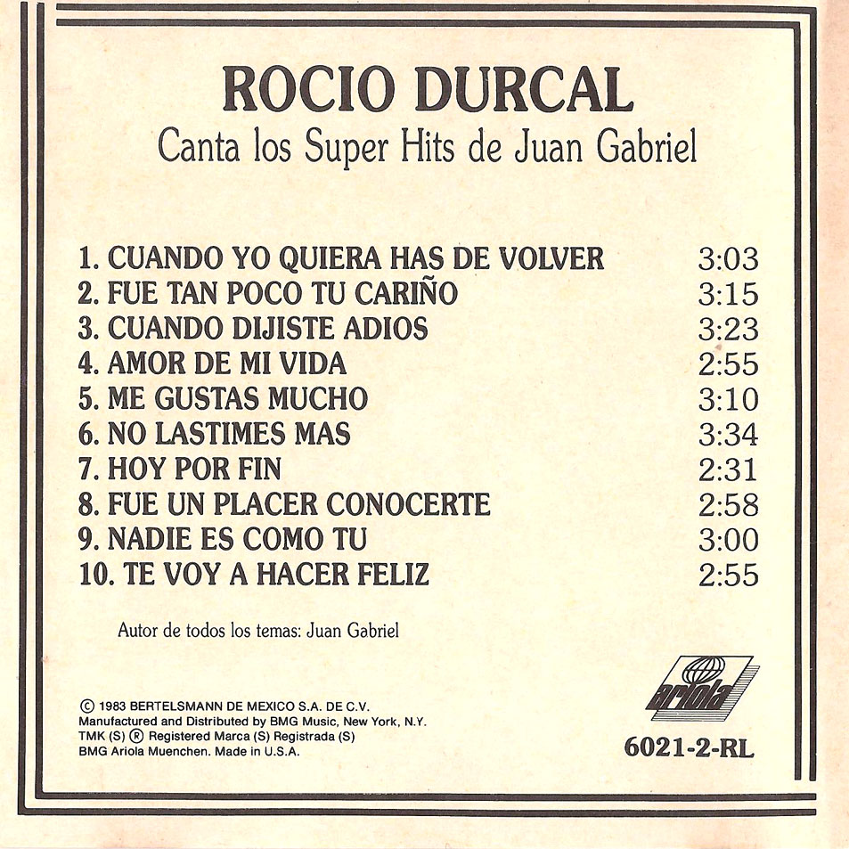 Cartula Interior Frontal de Rocio Durcal - Canta Los Super Hits De Juan Gabriel Volumen 2