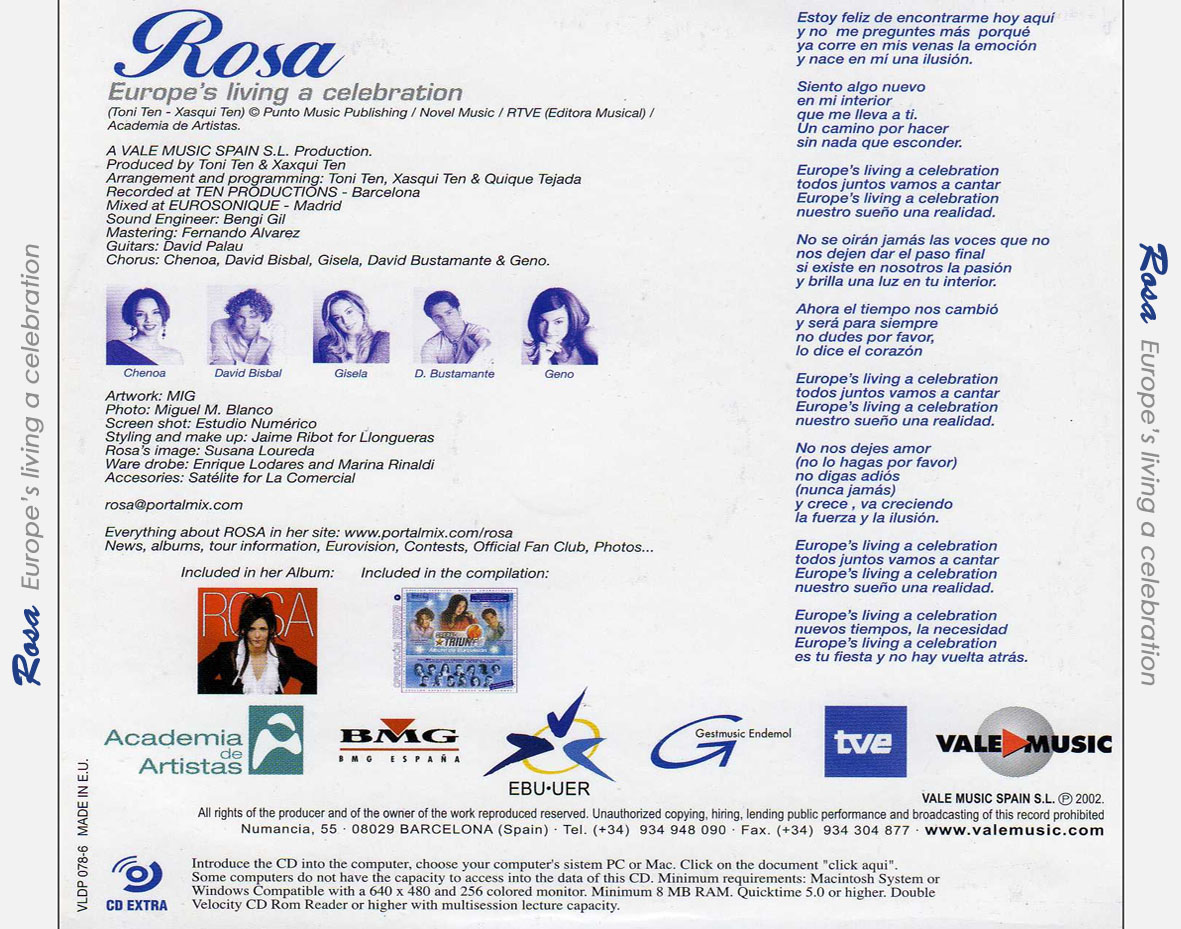 Cartula Trasera de Rosa - Europe's Living A Celebration (Cd Single)
