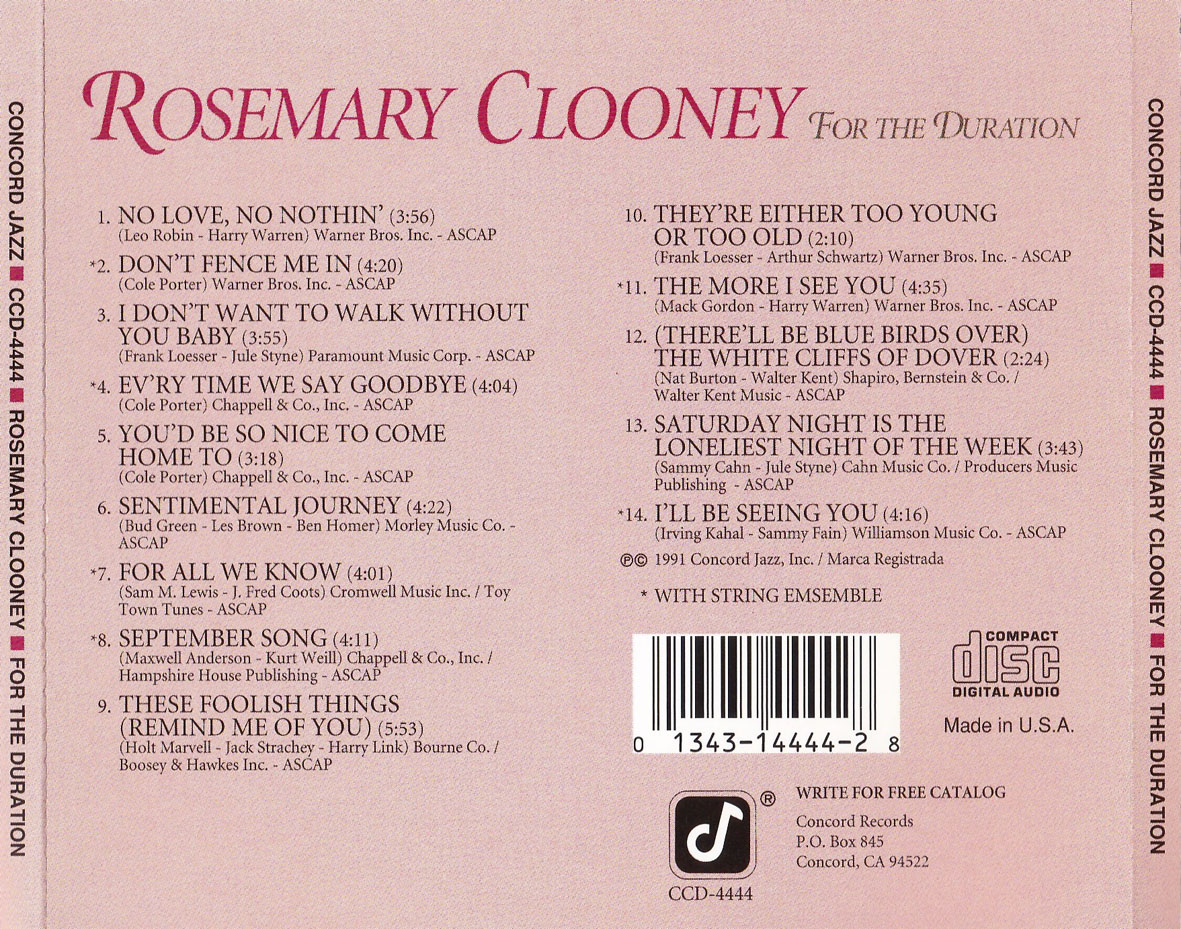 Cartula Trasera de Rosemary Clooney - For The Duration