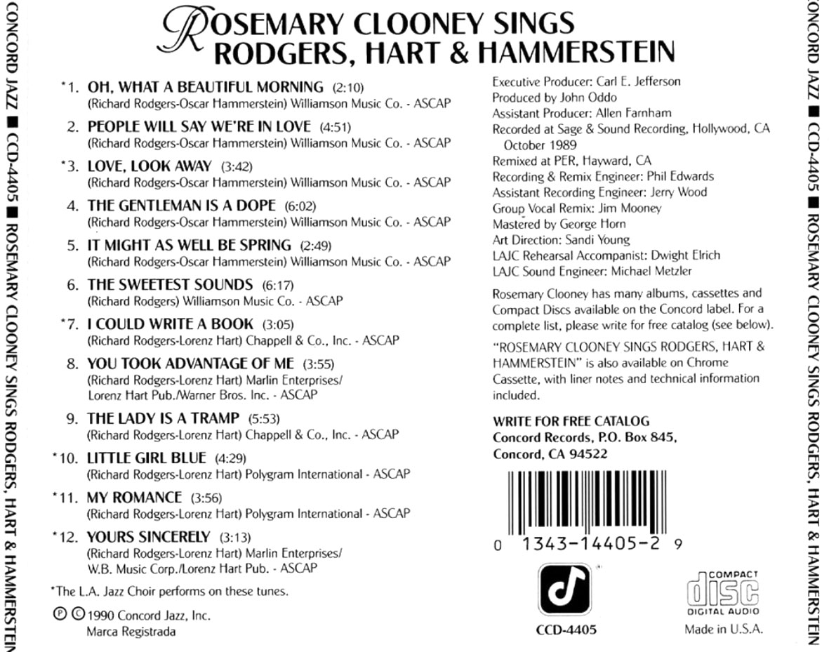 Cartula Trasera de Rosemary Clooney - Sings Rodgers, Hart & Hammerstein