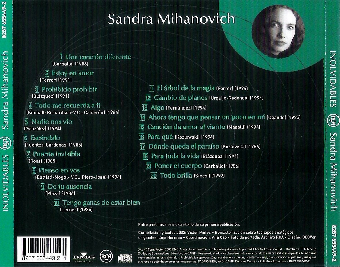 Cartula Trasera de Sandra Mihanovich - 20 Grandes Exitos