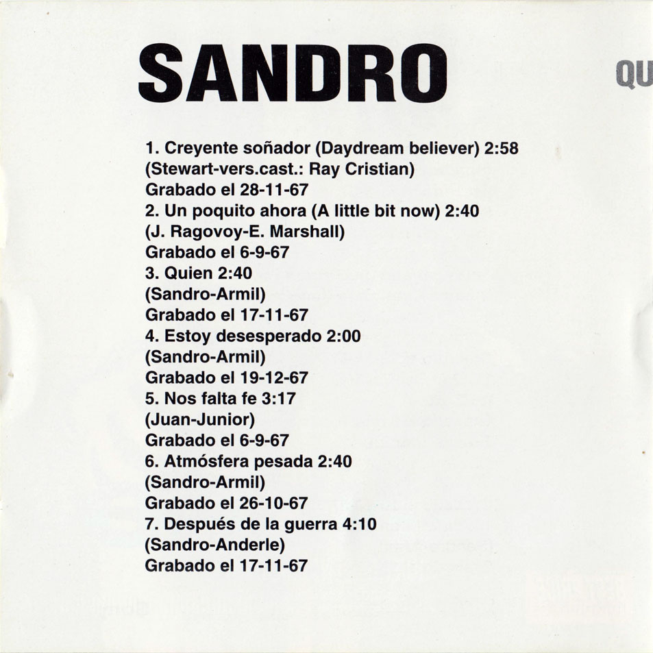 Cartula Interior Frontal de Sandro - Quiero Llenarme De Ti (Vibracion Y Ritmo)
